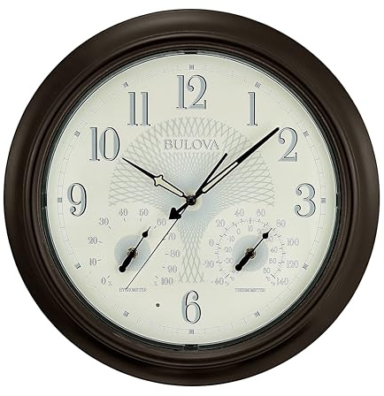 Bulova Weather Master Wall Clock C4813 | 18 Burnished Bronze Metal Frame with LED Illumination | Thermometer & Hygrometer | Silent Sweep Quartz Movement | Weatherproof Outdoor Décor