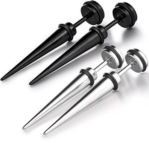 Piercing Schmuck 2 Paare Fakeplugs Fake Plug Dehnstab Edelstahl Ohr Tunnel Expander Taper, Silber/Schwarz