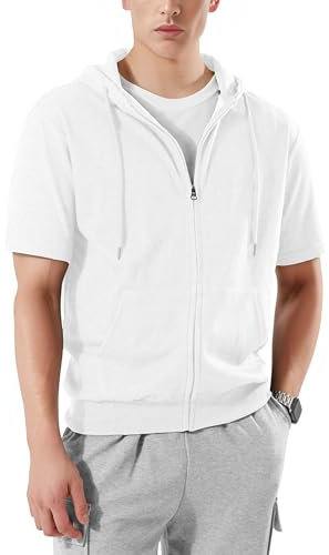 Ohoo Herren Kapuzenpullover mit kurzen Ärmeln, Leichter Reißverschluss, mit Kangatasche, Dcf056-weiß, Small