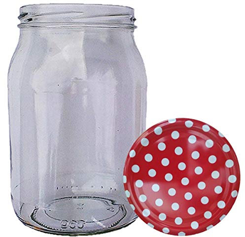 HAUSWIRT 32 Stück X 900ml Einmachgläser • Einkochgläser mit Schraubdeckel to 82 mm Rot-Weiß Gepunktet • 8, 16, 32 Stück • Große Auswahl Verschiedene Größen und Farben