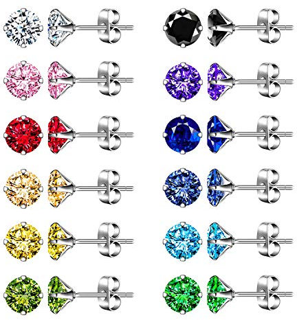 24 Pièce Acier Inoxydable Clou d`oreille Rondes Boucle d'Oreille Zircon Ton d'Argent Noir Rouge Ro Femme