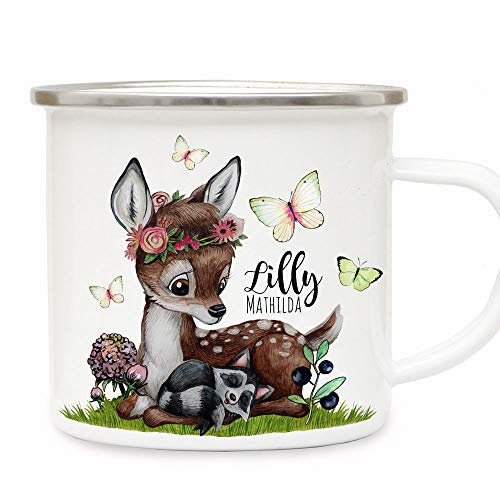 Emaille Becher Camping Tasse Motiv Reh Waschenbär Blaubeeren Schmetterlinge & Wunschname Name Kaffeetasse Geschenk eb491 - ausgewählte Farbe: *silberner Becherrand*