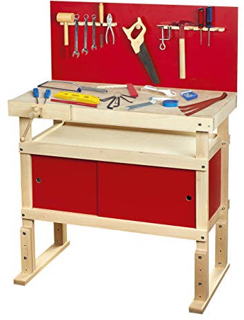 Leomark Etabli en Bois Massif - Rouge - Grand Modèle Jouet en Bois, Deluxe Outils de Charpentier pour Les Enfants, 28 Outils