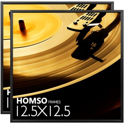 Homso Marco negro de álbum de música, marcos de 12.5 x 12.5 pulgadas hechos para mostrar cubiertas de vinilo LP - Acabado de aluminio cepillado - Accesorios para colgar instalados sin necesidad de