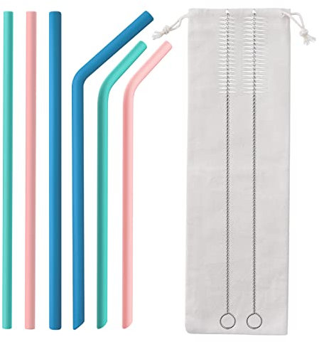 Qoosea Lot de 6 Pailles en Silicone Pailles en Silicone Réutilisables sans BPA avec Brosses de Nettoyage 3 Droites 3 Coudées pour Enfants Adultes