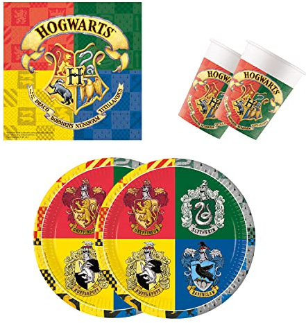 Procos 10137422 – Service de fête S Harry Potter – Poudlard – 52 pièces – 16 assiettes, 16 gobelets, 20 serviettes, vaisselle jetable, vaisselle de fête, décoration de table