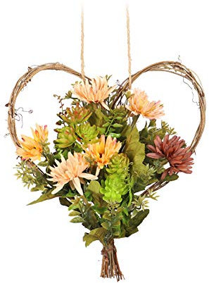 TüRkranz FrüHling,Türkranz Wandkranz, Frühlingskränze, Herz hängen Dekoration 25 cm Herbst Kranz Rattan Chrysantheme Blumen Künstliches hängendes Herz Blumengirlande für Tür Wanddekoration