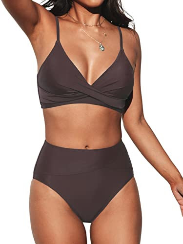 CUPSHE Damen Bikini Set Crossover High Waist Bikini Bademode Wickel V Ausschnitt Raffungen Zweiteiliger Badeanzug Swimsuit Braun M