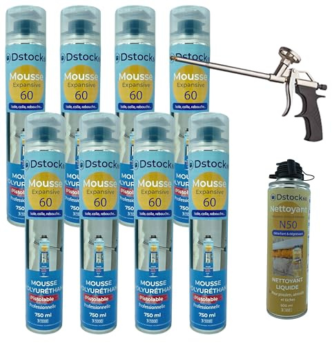 DSTOCK60 - Lot de 8 mousses expansives pistolables 750 ml + 1 Nettoyant Mousse + 1 pistolet - Mousse polyuréthane professionnelle - Isole, colle et rebouche - Extérieur et intérieur