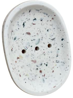 Porte savon salle de bain avec drain en jesmonite - Effet terrazzo léger - Collection Terrazzo - fait main en France - 13 x 9 x 1.8 cm