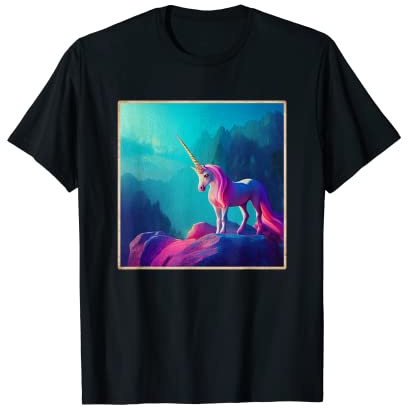 Peinture à l'huile réaliste Licorne sur montagne Art cinématographique T-Shirt