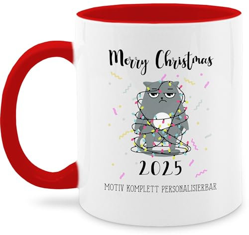Tasse Tassen 325ml - Weihnachten Weihnachtstasse - Merry Christmas 2025 Grumpy Katze Wunschtext I Grummelige Katze I Weihnachtsgeschenke für Katzenliebhaber - 325 ml - Rot - katzen weihnachtstassen