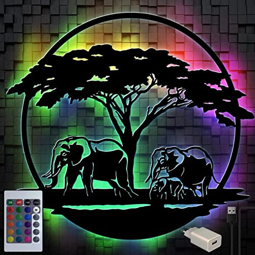 Namofactur LED Wandbild Afrika Elefanten Savanne | Schwarz lackiertes HDF Holz mit Farbwechsel- oder Warmweiß USB Lichterkette & Fernbedienung | Wanddeko mit Licht für Wohnzimmer, Flur, Schlafzimmer