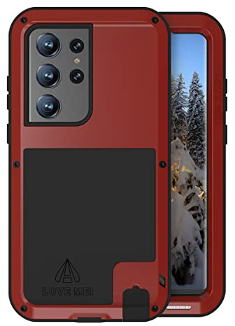 LOVE MEI Kompatibel mit Samsung Galaxy S23 Ultra Hülle, 【Ohne gehärtetes Glas】 Outdoor-Sportarten, Militär, strapazierfähig, stoßfest, Hybrid-Aluminium-Metall + Silikon-Schutzhülle, Rot