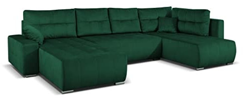MargaretHadas24 Ecksofa U-Form Mediolan V mit Schlaffunktion und Bettkasten Wohnlandschaft Kissen, 358 cm Wohnzimmer Arbeitszimmer Sofa XXL(Kronos 19 - grün)