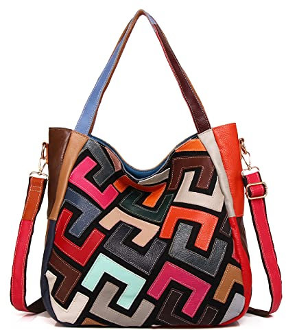 Segater Les femmes Fourre-tout multicolore Sac à main Porte-monnaie en cuir véritable Sacoche à mots sac à bandoulière patchwork coloré à la mode
