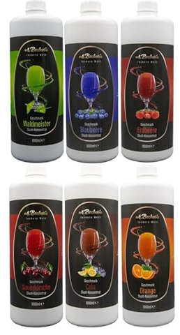 A. Becker´s Slush Eis Sirup | Ohne Azofarbstoffe | 6x 1L Kirsche, Cola, Blaubeere, Waldmeister, Erdbeere, Orange | 1L Slush Konzentrat ergibt 6L Eis | Getränkesirup für Slush Maschine und Mixer