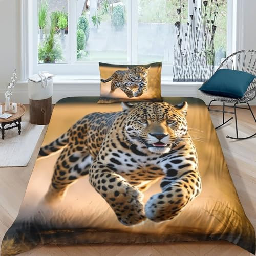 PiyAx Gepard Bettbezug Mit 3D Bettwäscheset Mit Kissenbezügen, Mikrofaser-Bettbezug-Sets, Geeignet Jugendliche Und Kinder (Single(135x200cm))