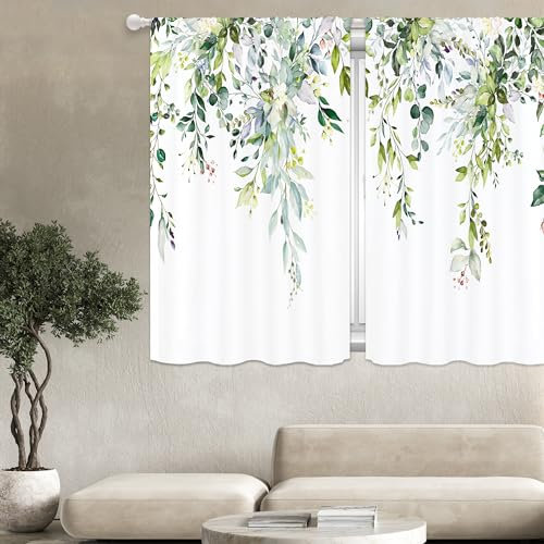 Yorida Grüne Eukalyptus-Vorhänge, 160 cm Länge, 2 Paneele, Frühlingsblumen-Vorhänge für Schlafzimmer, botanische Blätter, Pflanzenblätter, Fenstervorhang, kurz, kleines Wohnzimmer,