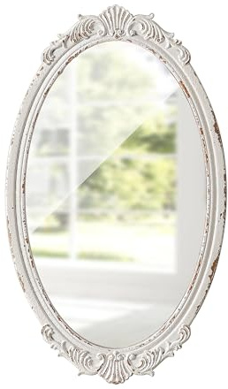 Sintosin Arendahl Glam Spiegel oval antik verziert, 61 cm x 35,6 cm | Hängespiegel aus Holz, Vintage, weiß, antik, für Wanddekoration, Wohnzimmer, Badezimmer, Eingangsbereich