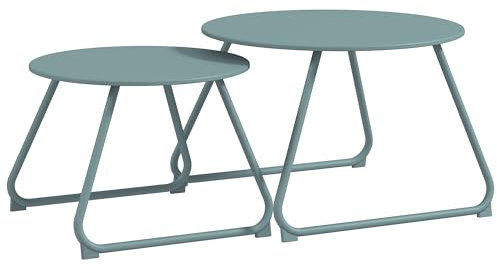 Outsunny Lot de 2 Tables Basses Rondes gigognes empilables de Jardin métal époxy, Table d'Appoint Stable pour extérieur Ø60 et Ø48 cm, Bleu