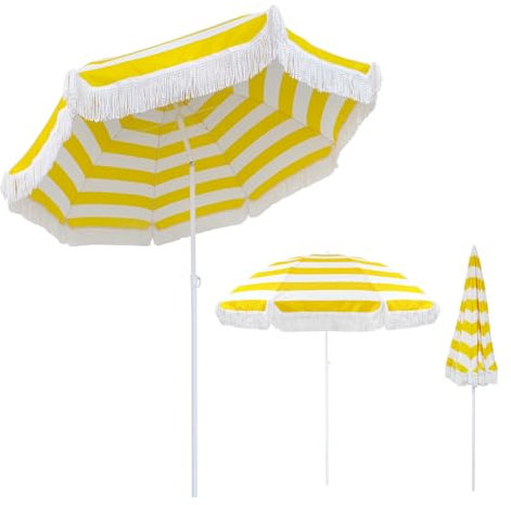 180cm Sombrilla Playa Protección UV Sombrilla Jardín Amarilla Sombrilla De Exterior Con Inclinación Sombrillas Terraza Pequeñas Impermeable Beach Umbrella For Sand Con Flecos Para Jardín Patio