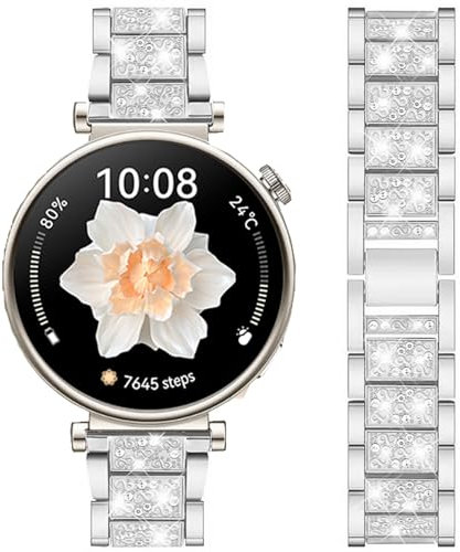 DEALELE Armband Kompatibel mit Huawei Watch GT5 Pro 42mm / GT5 41mm / GT4 41mm / Fossil Women's Gen 6 / Gen 5E 42mm / Garmin Venu 3S, 18mm Glitzer Strass Diamant Metall Armbänder für Damen, Silber