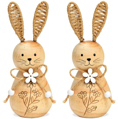 Moderne Osterhasen Dekofiguren aus Holz im Set 15 cm - Landhausstil Osterdeko Hasen mit Blumen als Wohnzimmer, Schlafzimmer oder Flur Deko - Lustige Figuren für Innen als Frühlingsdeko im Boho Style
