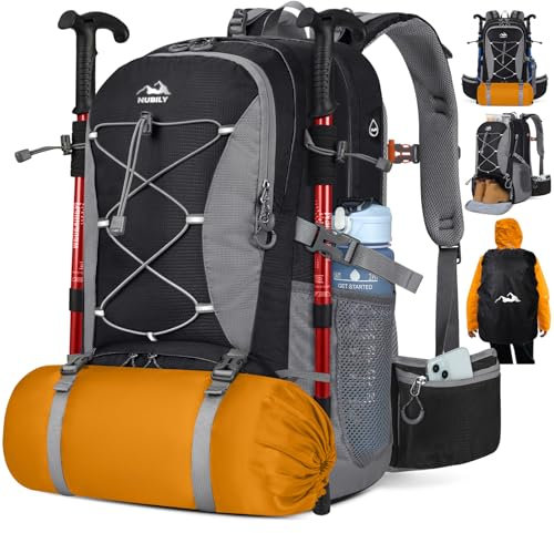NUBILY Mochila Senderismo Hombre Impermeable 50L Mochilas Marcha Mujer Mochila de Camping Al Aire Libre de Moda Mochila de Viaje Ligera Negro