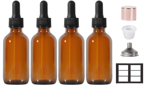 StellaCare 4P，2oz Amber Glass Dropper Oil Bottles for Hair Eye Dropper Bottle Leak Proof Travel Bottles