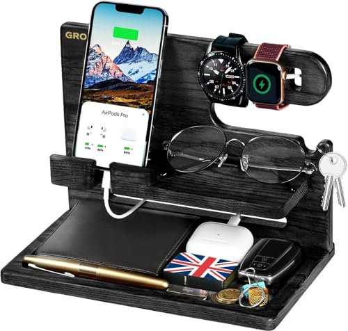 Geschenke Weihnachten für Männer, Funktionales Geschenk für Ihn Papa, Herren, Ehemann, Ihn, Dockingstation Holz für Brüder Opa Schwiegersohn Vater from Sohn, Nachttisch Schreibtisch Organizer Black