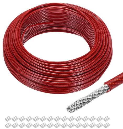 sourcing map 164Ft(50M) Wire Rope 304 Stainless Steel Cable 1/8(3mm) Vinyl Coated with 30Pcs Aluminum Sleeves for Hanging, Clotheslines, Lifting Red