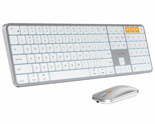 ProtoArc Clavier et souris Bluetooth rétroéclairés pour Mac, KM100-A Clavier sans fil multi-appareils pour Mac, pleine taille rechargeable pour MacBook Pro/Air, iPhone, iPad, blanc argenté