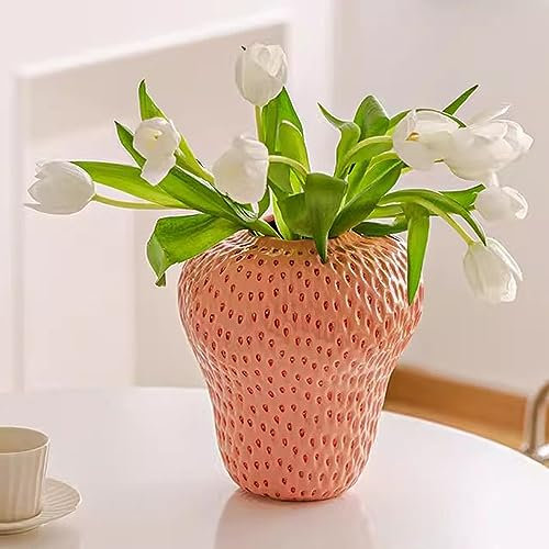 Erdbeer-Keramik-Blumenvase für Tafelaufsätze, dekorative Vase für Wohnzimmer und Küche, 17 x 16 cm, Rosa