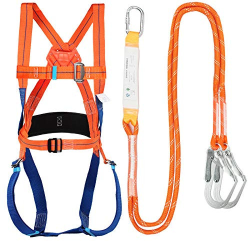 FIYSON Kit de protection anti-chute avec harnais, 5 points de sécurité Protection, Avec 2 points de connexion+2m sangle Lanyard +Support lombaire Epaissi+ Double Grand crochet, pour Corde de Sauvetage