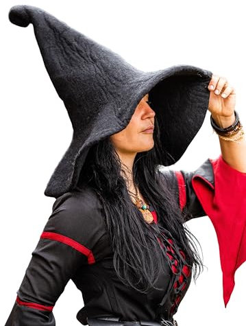 Leonardo Carbone® Hexenhut Glinda - Hexenkostüm, Mittelalter Kleidung Kopfbedeckung, Halloween Kostüm Damen, Witcher Hat, Zauberer Hut, LARP-Kleidung, Karneval, Cosplay - 100% Wolle Schwarz