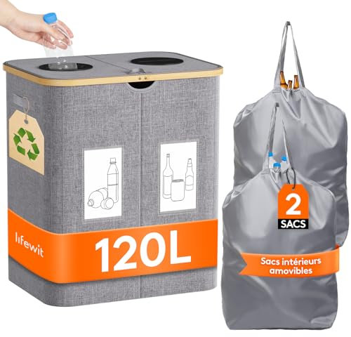 Lifewit 120L Pfandflaschen Sammelbehälter, Flaschen Organizer mit Deckel, Flaschensammler Leergut 2 Fächer, Pfandflaschen Aufbewahrung, Pfandflaschen Behälter für Kunststoff, Glasflaschen, Grau