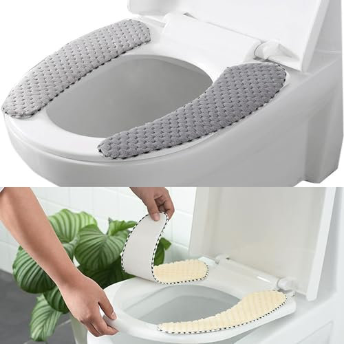 Hezhou 2 Pieza Funda de Asiento de Inodoro Almohadillas de La Cubierta del Asiento Cubierta de Asiento de Inodoro Gruesa Caliente Reutilizable (Gris + Beige)