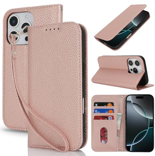 Lipvina Cover per iPhone 16 Pro Max Cover Custodia con Pellicola a Libro Portafoglio in Pelle Cover Porta Carte Flip Case Protettiva Custodia per iPhone 16 Pro Max,Rosa d'oro