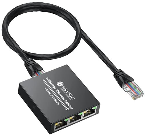eSynic Switch Ethernet Splitter Gigabit 1 a 3 1000Mbps, Duplicador RJ45 con Cable USB 1M y Red 0.5M, Carcasa Metálica para Mejor Disipación, Plug&Play Compatible con Cat5/6/7/8