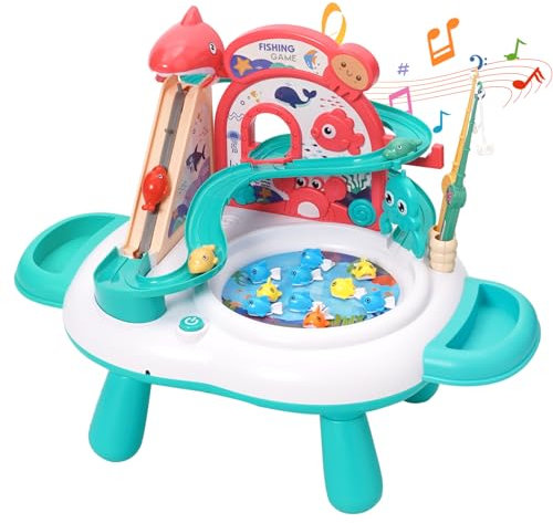 YULEYU Magnetisches Angelspiel Kletterrutsche Spielzeug, Kinder Fische Angeln Spiel mit Musik, interaktives Angeln Waschbecken Spielzeug Geschenk für Mädchen Jungen (Grün)
