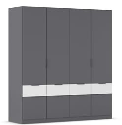 Rauch Möbel Dundee, Kleiderschrank, Schrank, Garderobe, Organizer, 4-türig, 8 Schubladen, Farbe Grau metallic/Weiß, Schwarz, Kurze Griffleiste Grau metallic, 181x197x54cm