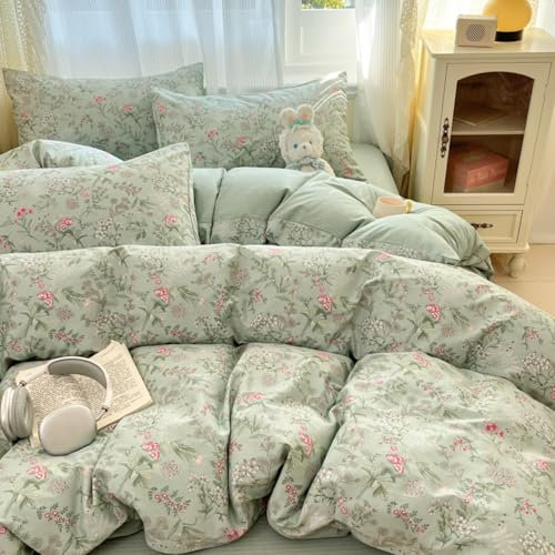 Freyamy Housse de Couette Fleurie 240x260cm+2 Taie d'oreiller 65x65cm Vert Rose Coloré Feuilles Floral Parure de lit 2 Personnes Adulte Sets de Housse Couette en Microfibre avec Fermeture Éclair