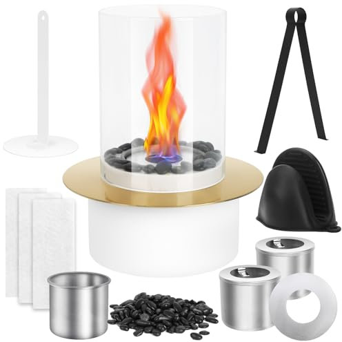 Bioethanol Tischkamin, Tischkamin Outdoor & Indoor, Regulierbare Flamme, inkl. 2X große Brennkammern und Schwarze Dekosteine