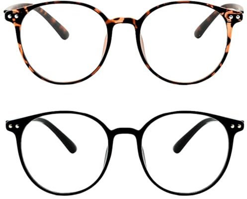 KEYRI 2 Pack Gafas Luz Azul Montura Redonda Blue Light Glasses para Reducir los Dolores de Cabeza y Mejorar el Sueño Gafas Filtro Luz Azul Reading Glasses para Mujeres y Hombres (Negro y Carey)