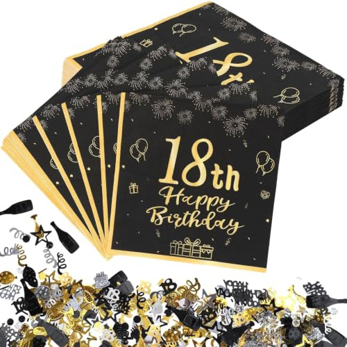 40 Stück Servietten 18. Geburtstag Junge Deko, 33x33cm Schwarz Gold | Happy Birthday Tischdeko + 1 Pack 18 Geburtstag Junge Deko Papierkonfettifür JungeMädchen Jubiläum Party Tischdekoration