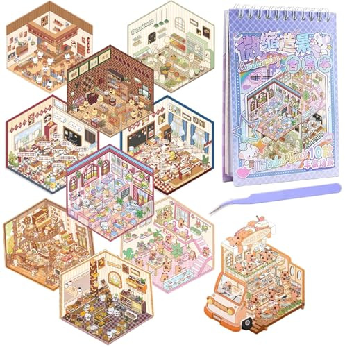 lomdung 10 Sets 3D House Stickers, Miniatur Haus Sticker 3D mit Pinzette | DIY Cozy Little Home House Scene Sticker Book, Fun DIY Stickers Scene, Relief Stress für Erwachsene und Kinder