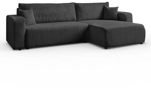 Margaret Hadas24 Ecksofa L-Form Sofia 277 x 143 cm mit Schlaffunktion & Bettkasten – modernes Cord Sofa, Schlafsofa, Schlafcouch – Bequeme Wohnlandschaft mit Stauraum, universale Seite (Graphit)