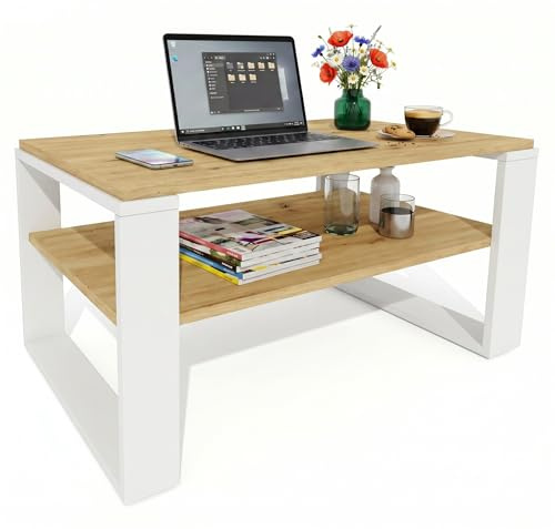 möbelkap Couchtisch 91×51 cm – Wohnzimmertisch aus Holzwerkstoff, Stabiler & moderner Kaffeetisch mit zusätzlicher Ablagefläche – Beistelltisch, Eiche Artisan/Weiß, rechteckig