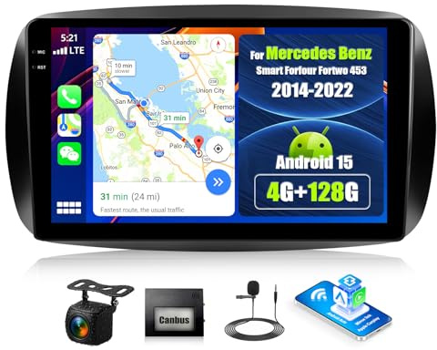 Android 15, 4G+128G GOHHDL Autoradio per Mercedes Benz Smart Forfour Fortwo 453 2014-2022 Carplay Android Auto, Touch Radio da 9 Pollici 2Din con GPS Navi WiFi Bluetooth FM/RDS EQ SWC Retrocamera&MIC
